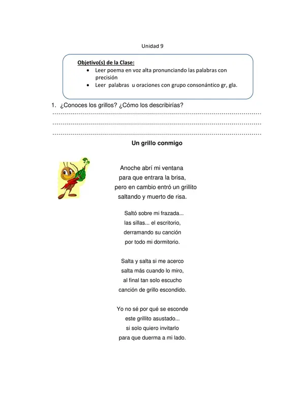 Guia de Poema Un Grillo Conmigo y Grupo GR para Lenguaje 1 Basico