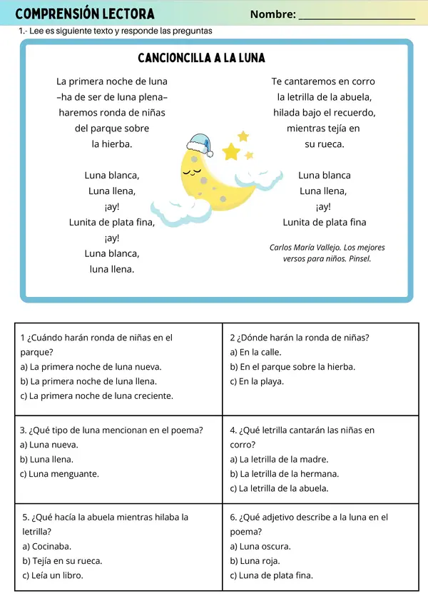Comprensión lectora, Poemas Ficha 1