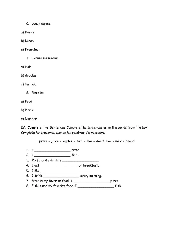 English Test – Unit: What We Eat | Food and Drinks (5° Básico)
