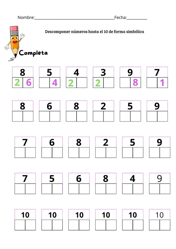 Guía de actividades de descomposición de números 0 al 10 simbólica. 