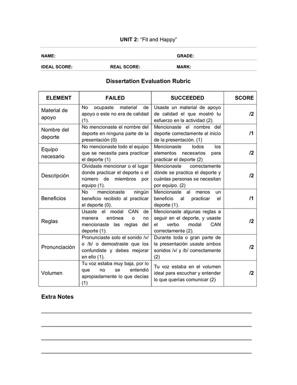 Evaluacion de Ingles 6 Basico: Fit and Happy
