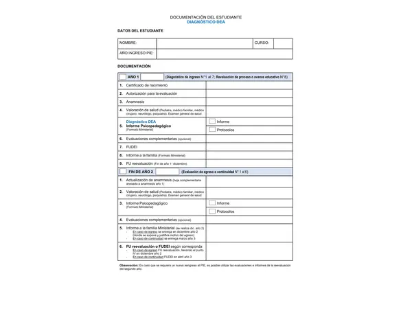 Check list de Documentación PIE / por diagnóstico 