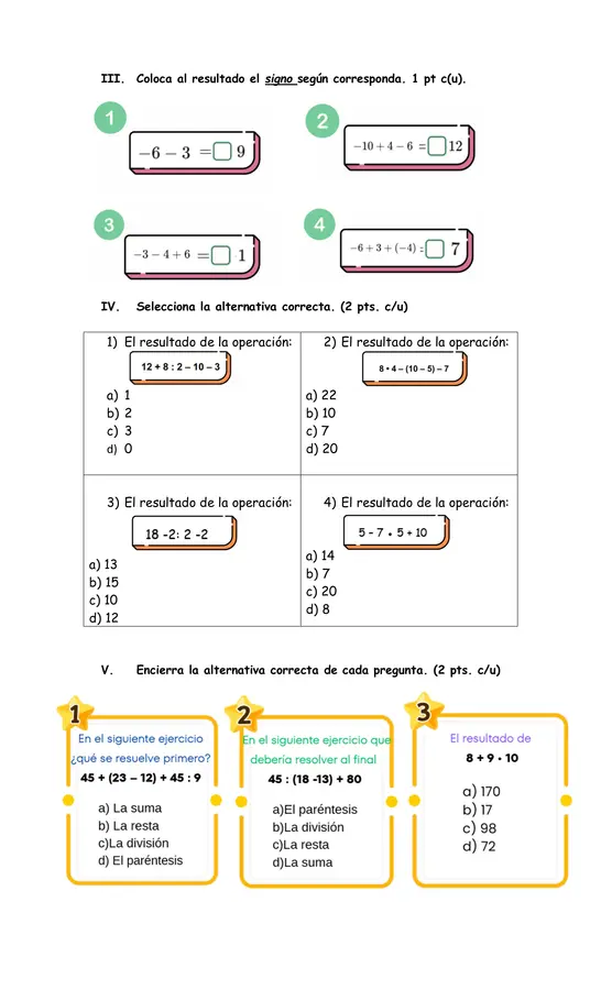 Evaluación de Matemáticas " Operatorias Combinadas"