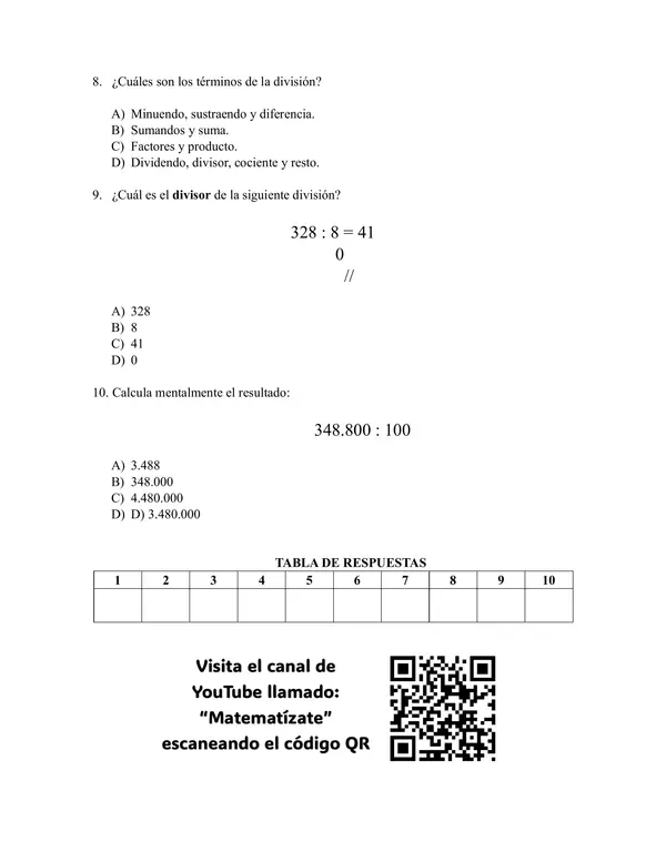 Prueba: Ejercicios y problemas de multiplicación y división
