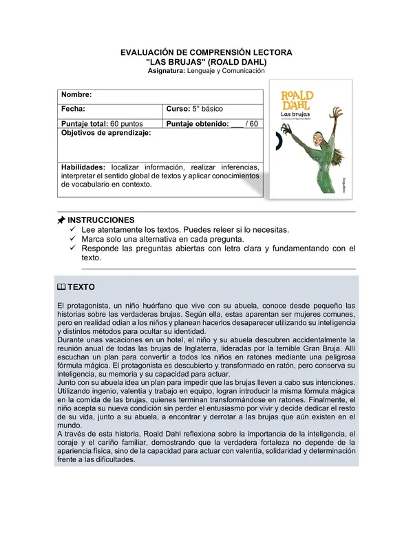 Prueba del libro "Las brujas" (Roald Dahl) 5° básico
