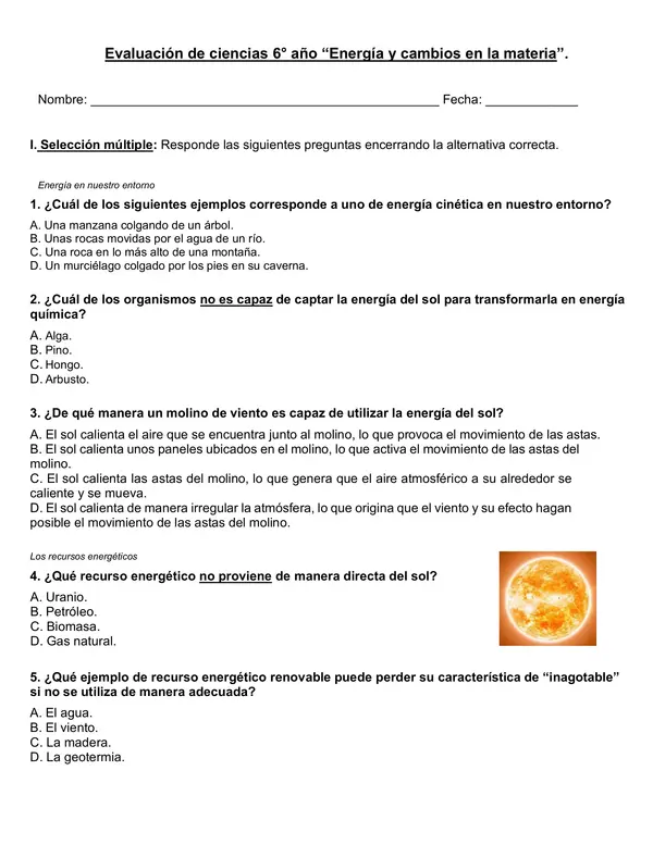 Evaluación de ciencias 6° año "Energía y cambio en la materia"