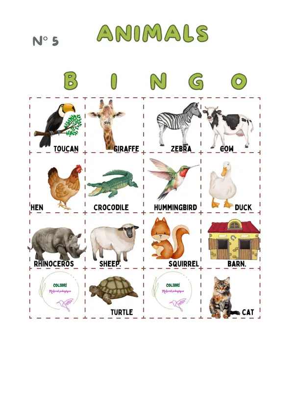 BINGO DE ANIMALES- OTOÑO EN INGLÉS