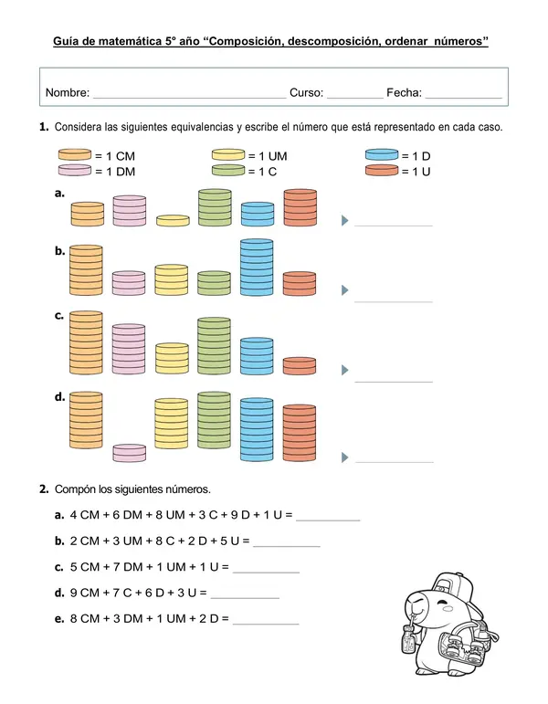 Guía 5°año "Composición, descomposición, ordenar, mayor, menor hasta 1000000"