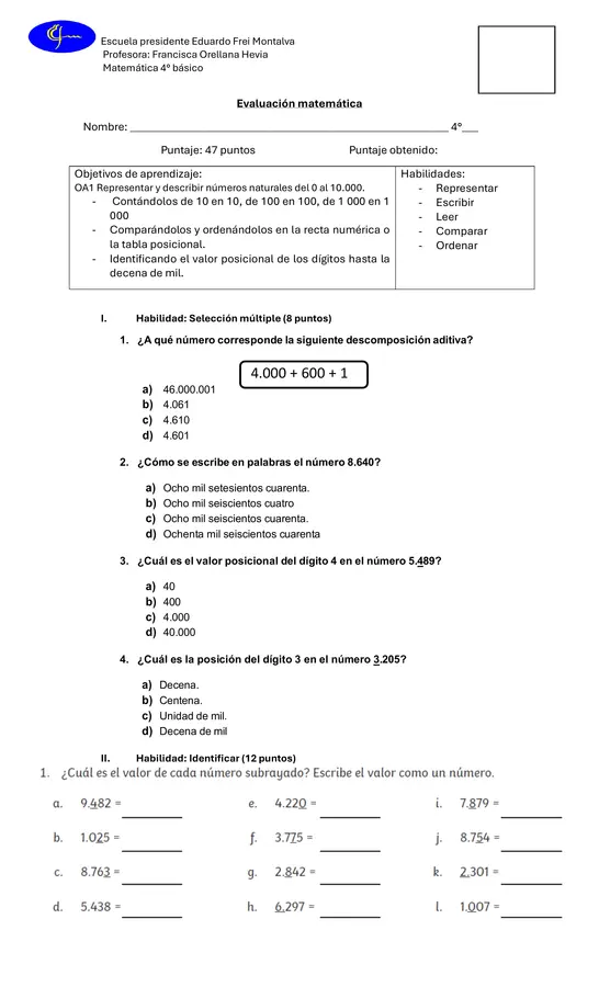 Evaluacion matematica OA1 4° básico 