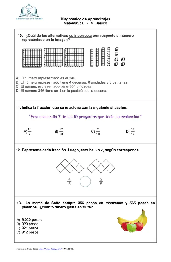 Diagnóstico Matemática 4° Básico, Número y Operatoria con pauta de respuesta.