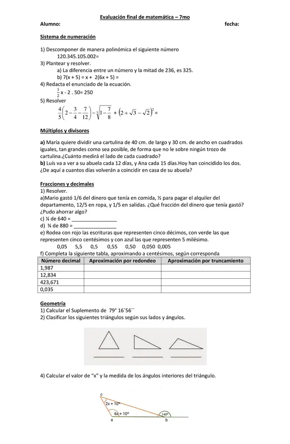 Evaluación integradora de matemática 
