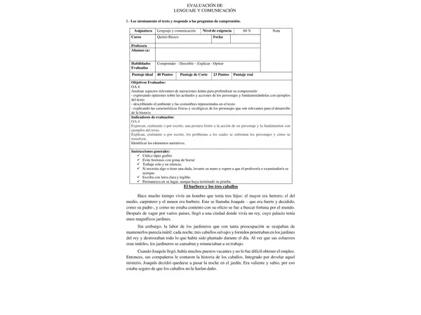 Evaluación Lenguaje y Comunicación