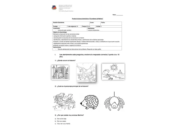 Evaluación lectura "El problema de Martina"