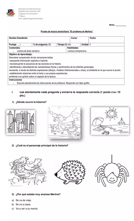 Evaluación lectura "El problema de Martina"