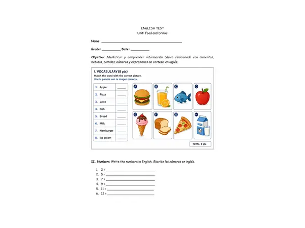 English Test – Unit: What We Eat | Food and Drinks (5° Básico)