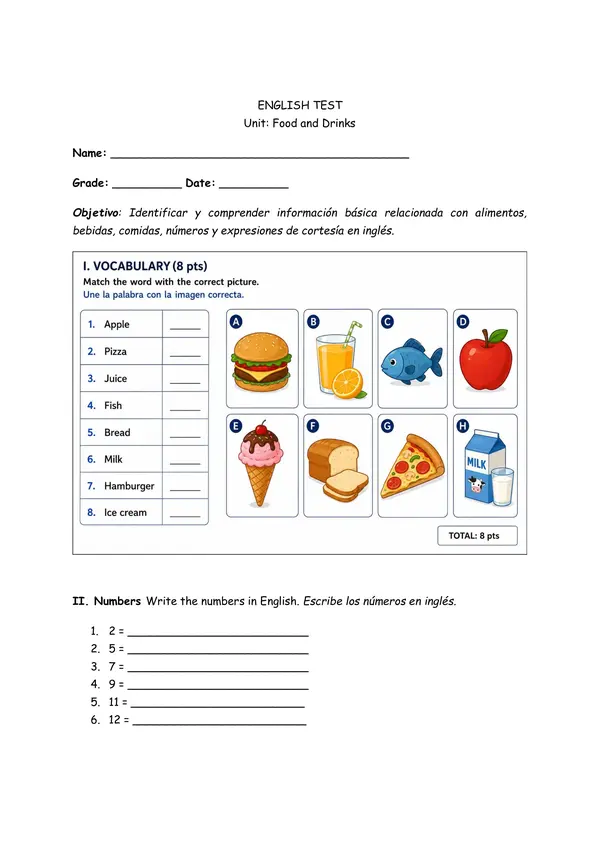 English Test – Unit: What We Eat | Food and Drinks (5° Básico)