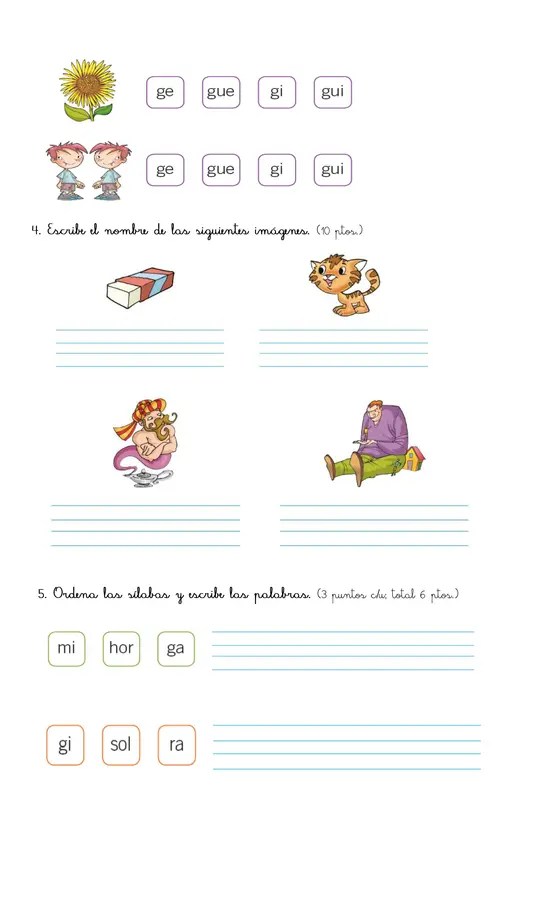 Evaluación 1° básico, letras "ga, gue, gui, go,gu/ge- gi"