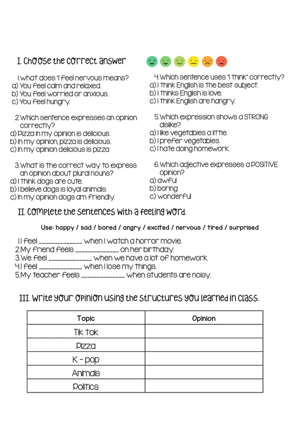 Opinions and Feelings Worksheet - 7th Grade English