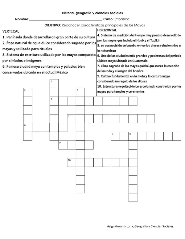 CRUCIGRAMA CIVILIZACIÓN MAYA