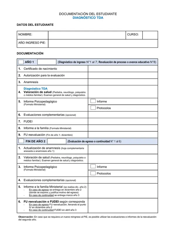 Check list de Documentación PIE / por diagnóstico 