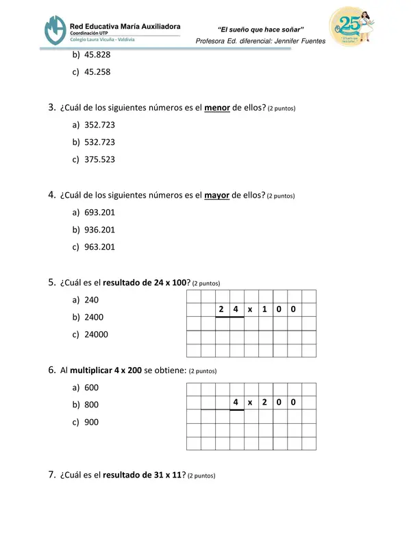 evaluación PIE multiplicación y descomposición de números