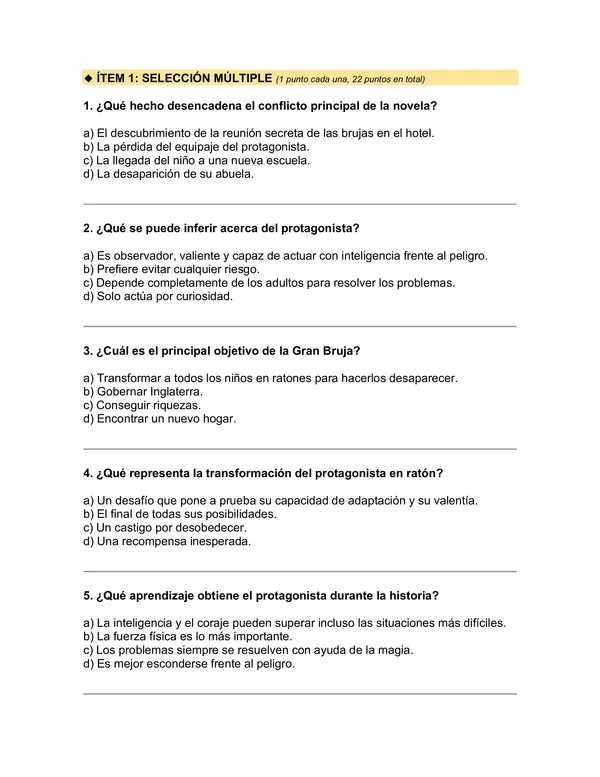 Prueba del libro "Las brujas" (Roald Dahl) 5° básico