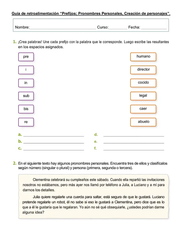 Guía  3°año "Creación de personajes, Pronombre personal y prefijos"