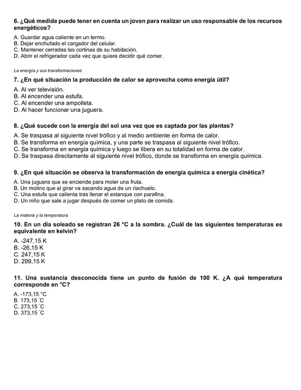 Evaluación de ciencias 6° año "Energía y cambio en la materia"