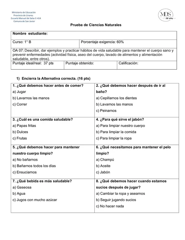 Prueba hábitos de vida saludable 1°básico