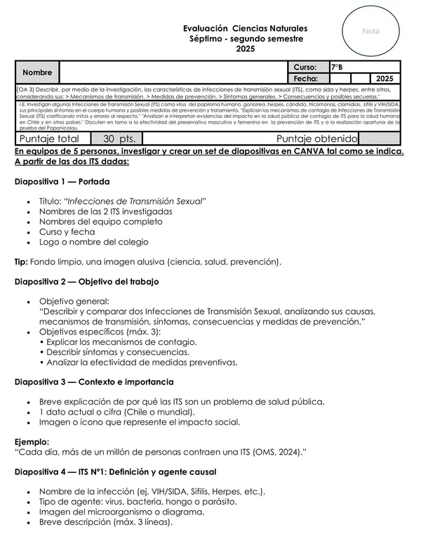 Evaluación ITS en Canva: investigación, prevención y salud pública 7° Básico