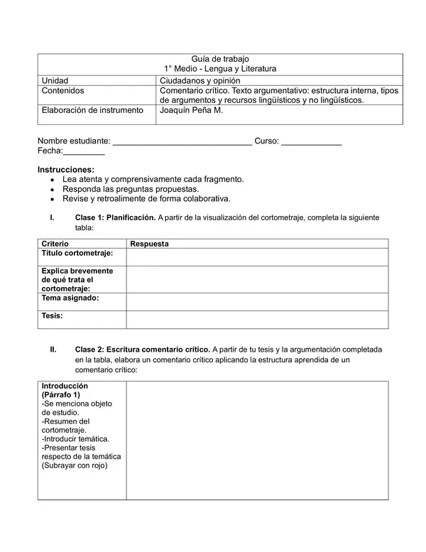 Guía elaboración comentario crítico (texto argumentativo).