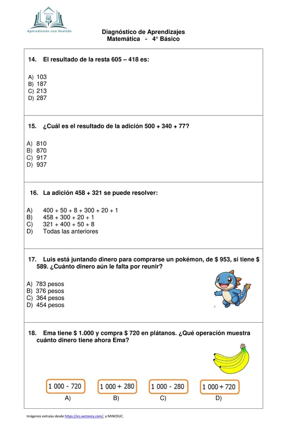 Diagnóstico Matemática 4° Básico, Número y Operatoria con pauta de respuesta.
