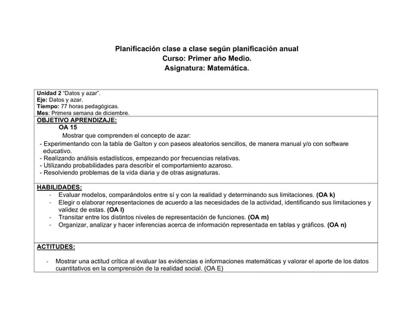 Planificación Clase a Clase Diciembre - Matemática - 1° Medio