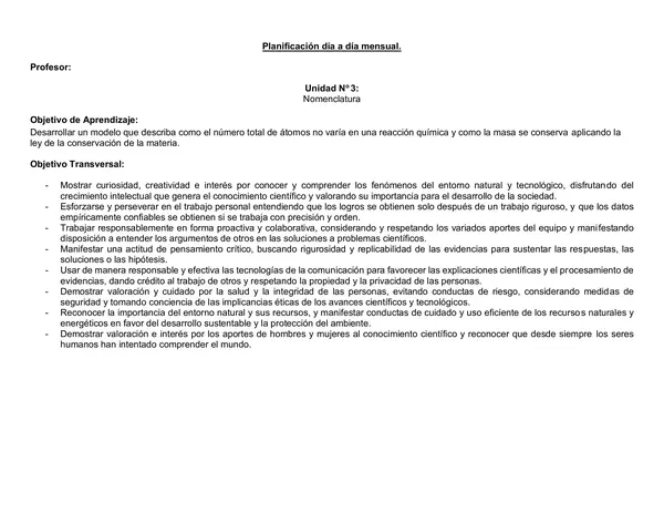 Planificación Clase a Clase Agosto - Ciencias Naturales - Química - 1° Medio