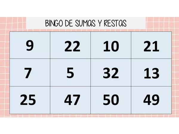 Bingo/Lotería de sumas y restas hasta el 50 sin canje ni reserva. 