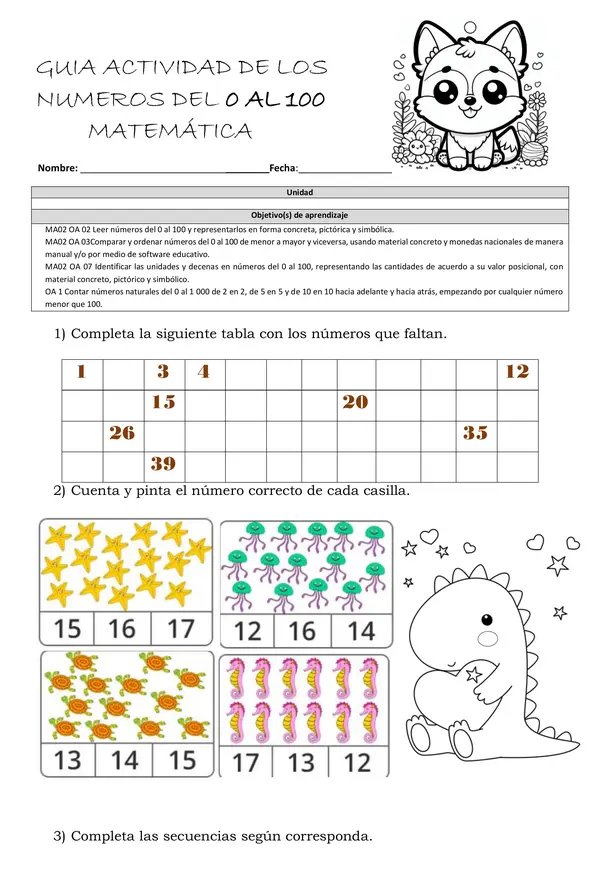 Guía editable de actividades de los números del 0 al 100