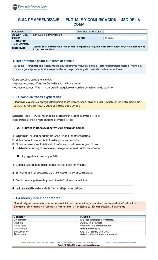 Guía uso de la coma (explicativa-conectores)