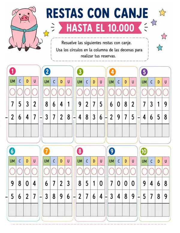 SUSTRACCIÓN CON CANJE 4° BÁSICO (HASTA EL 10.000)