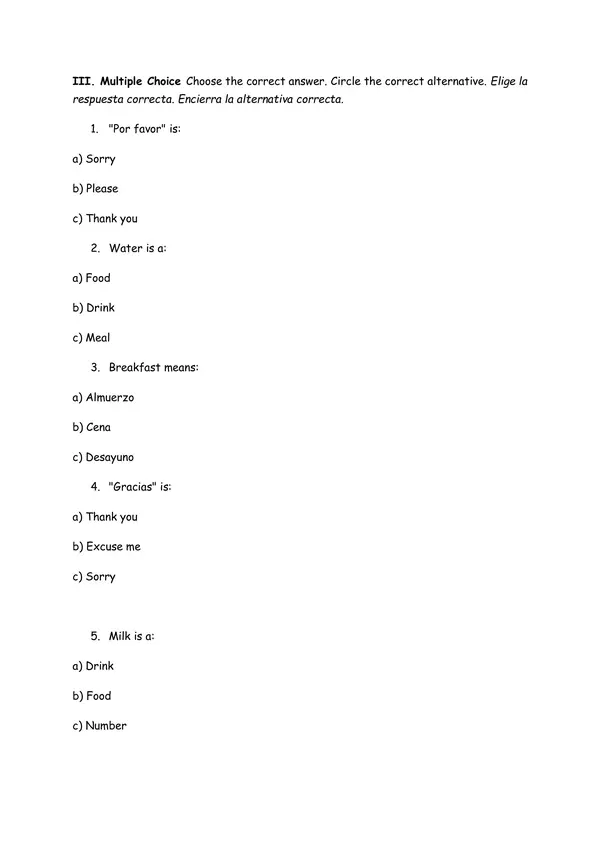 English Test – Unit: What We Eat | Food and Drinks (5° Básico)