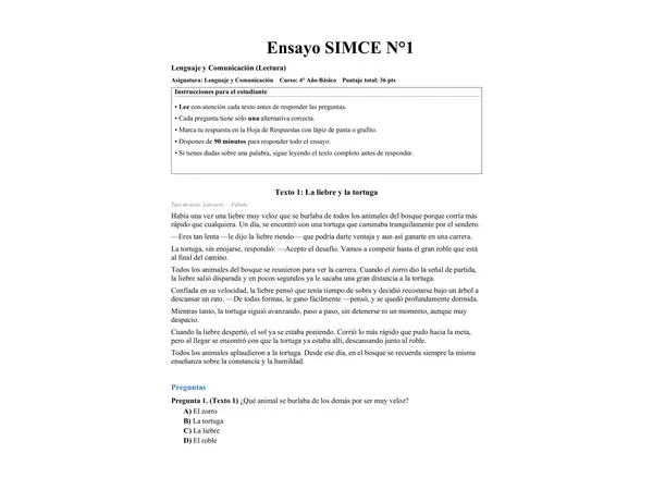 Ensayo simce 4to básico lenguaje 