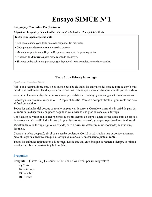 Ensayo simce 4to básico lenguaje 