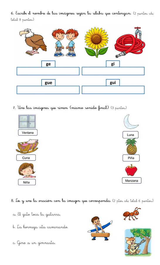 Evaluación 1° básico, letras "ga, gue, gui, go,gu/ge- gi"