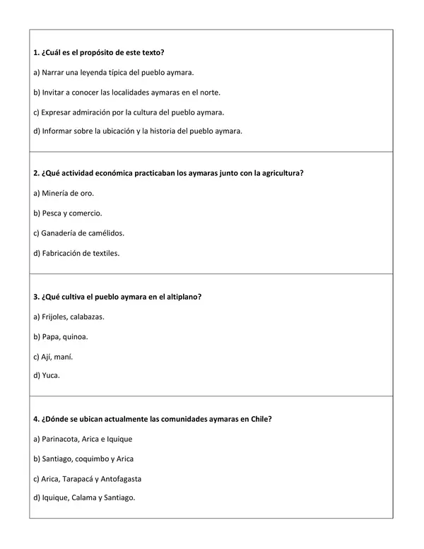 Comprensión lectora: Artículo informativo - Aymaras