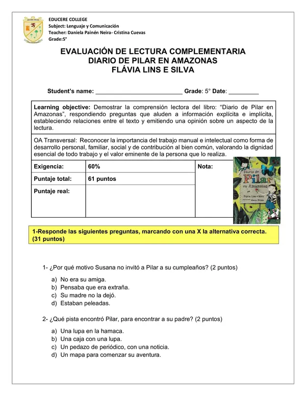 Diario de Pilar en Amazonas prueba 5to básico 