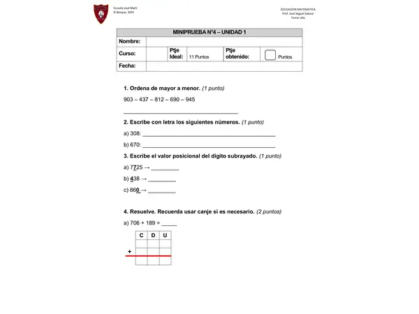 Mini Prueba de Matemáticas – Números hasta el 1000