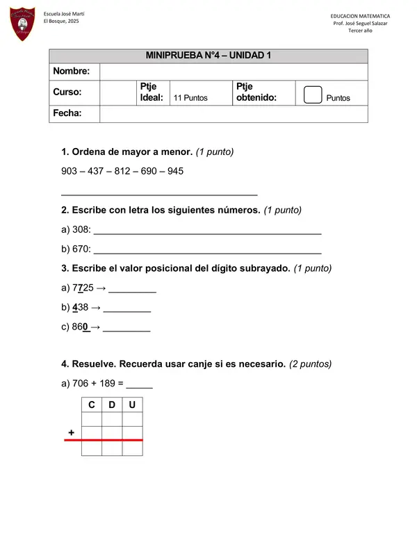 Mini Prueba de Matemáticas – Números hasta el 1000