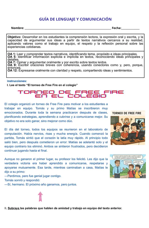 GUIA DE LENGUAJE 5° BÁSICO - TORNEO DE FREE FIRE (PARA ENGANCHAR A ESTUDIANTES)