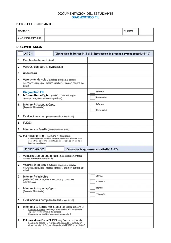 Check list de Documentación PIE / por diagnóstico 