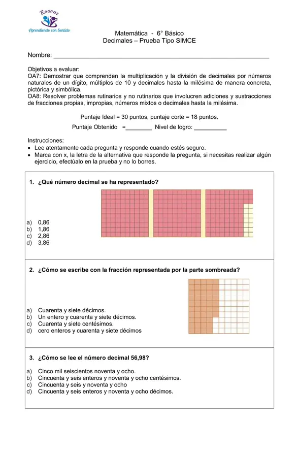 Decimales 6° Básico, Prueba tipo SIMCE, con hoja de respuesta y pauta de corrección