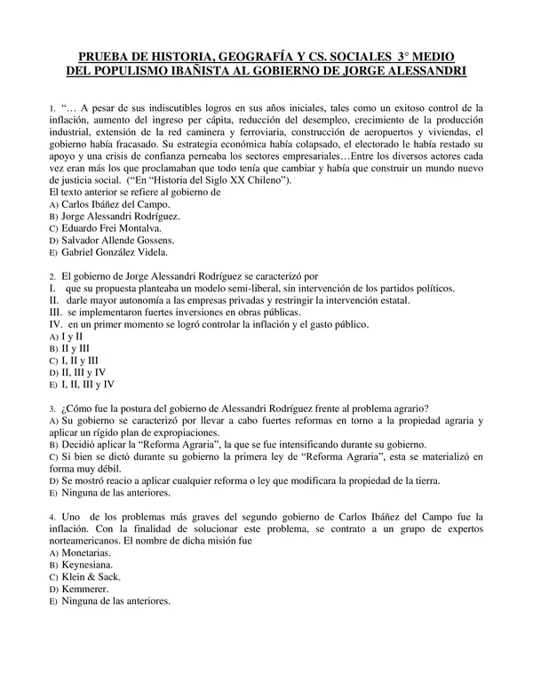 PRUEBA CON SOLUCION 3 MEDIO, Del Populismo Ibañista al Gobierno de Jorge Alessandri: 